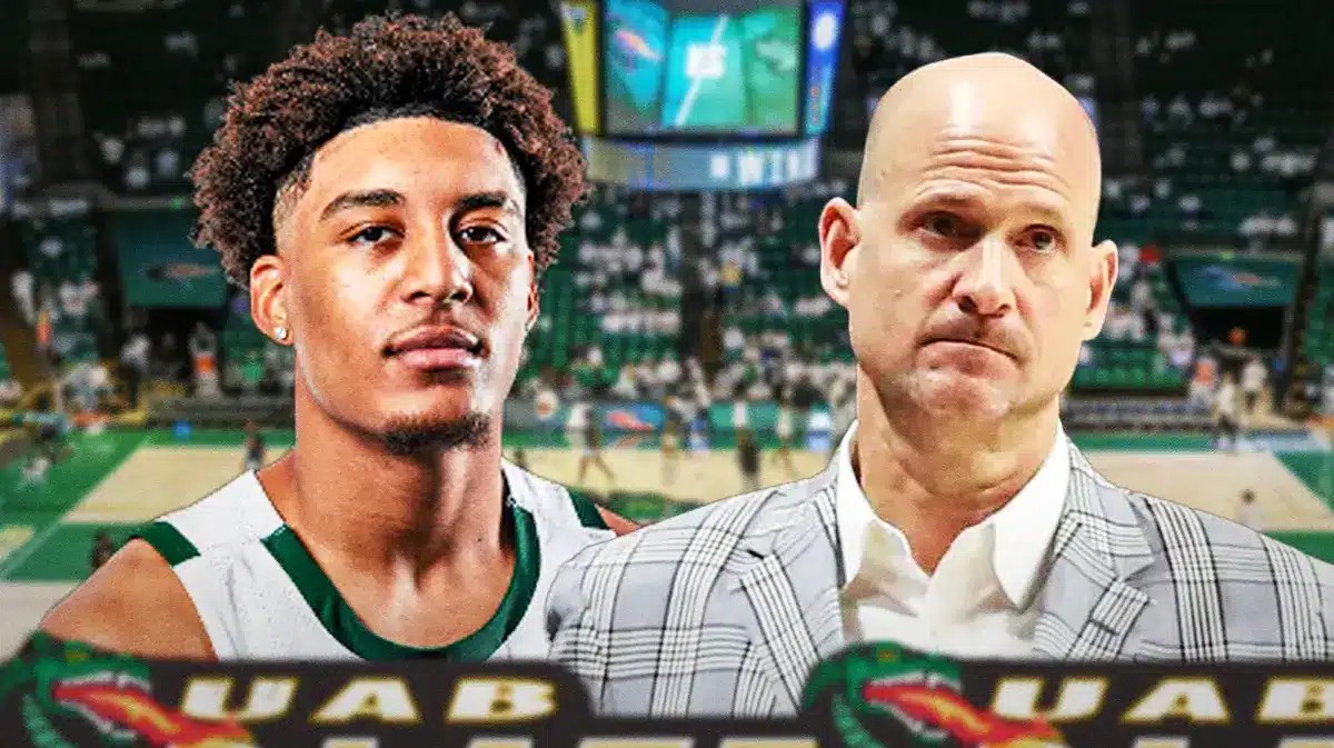 UAB basketball's Yaxel Lendeborg and Andy Kennedy in front of Bartow Arena.