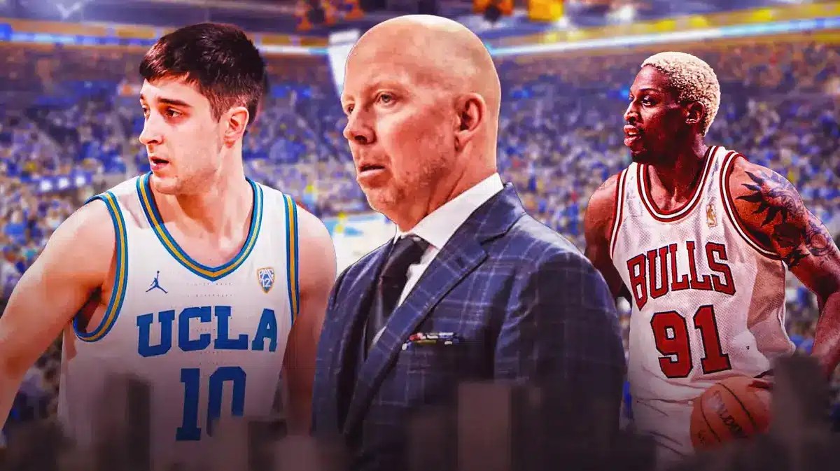 UCLA Mick Cronin with Bruins guard Lazar Stefanovic and Dennis Rodman