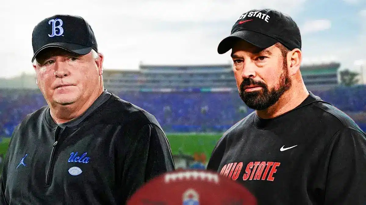 UCLA coach Chip Kelly and Ohio State coach Ryan day next to each other.