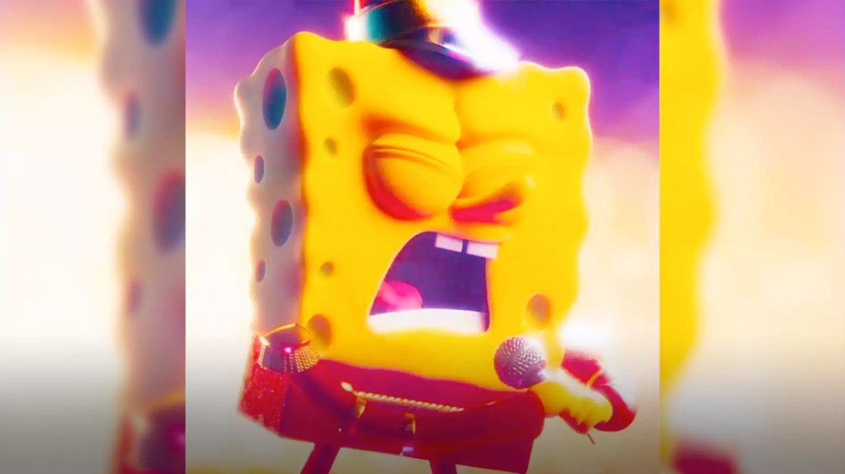 Sponge Bob singing in a microphone.