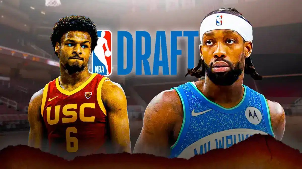 Bronny James alongside Patrick Beverley with the NBA Draft logo in the background, USC