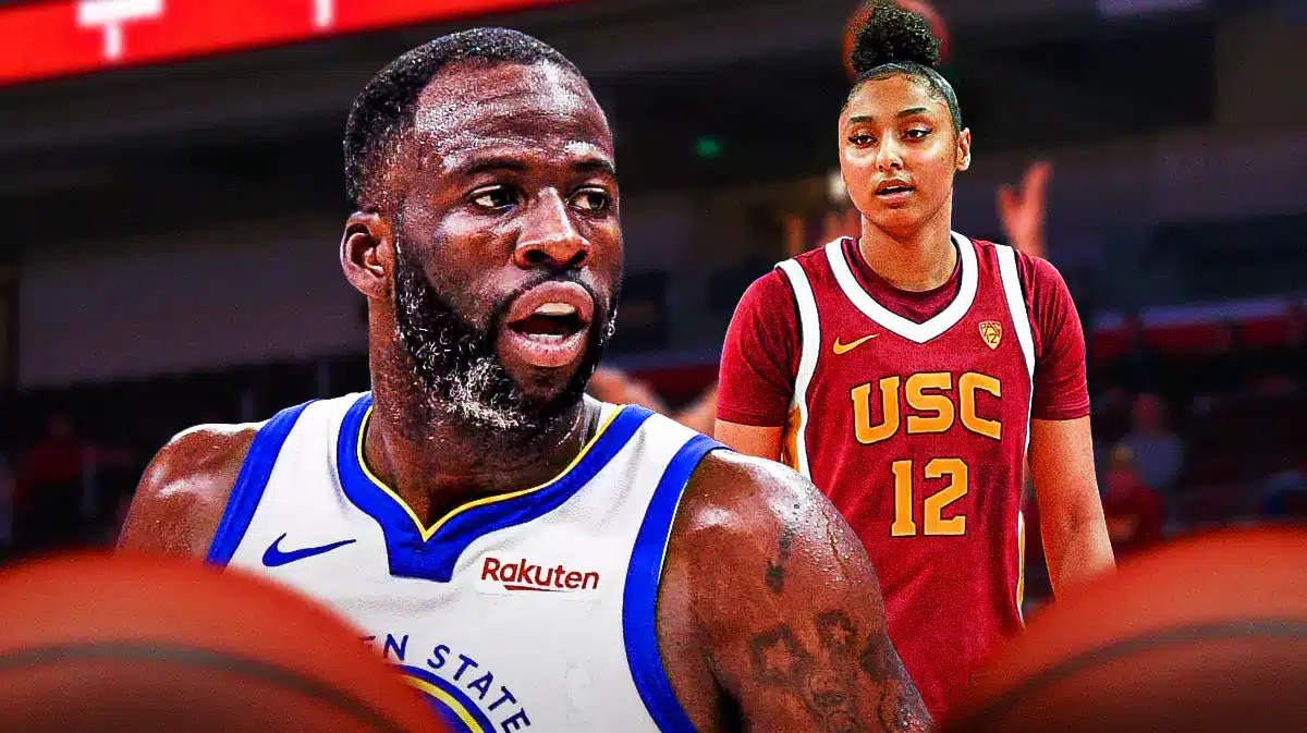 USC women's basketball, Trojans, JuJu Watkins, JuJu Watkins USC, Draymond Green, Draymond Green and JuJu Watkins with USC basketball arena in the background