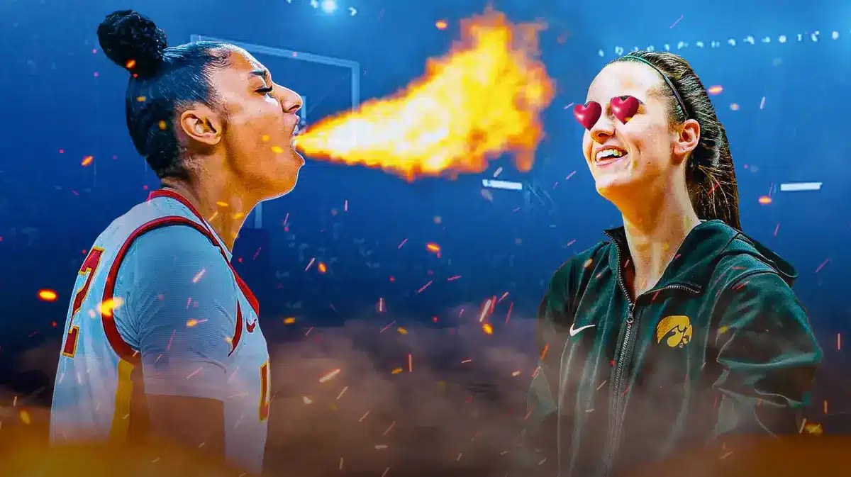 JuJu Watkins with fire coming out her mouth. Caitlin Clark with heart eyes