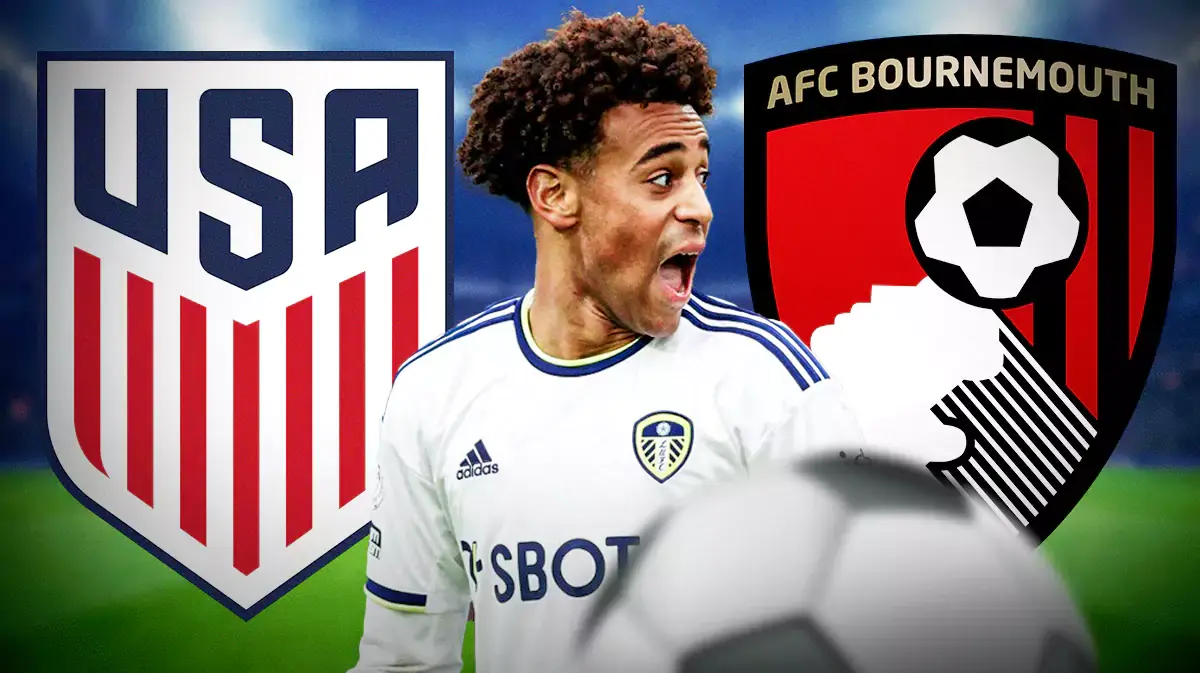 Tyler Adams in front of the USMNT and Bournemouth logos