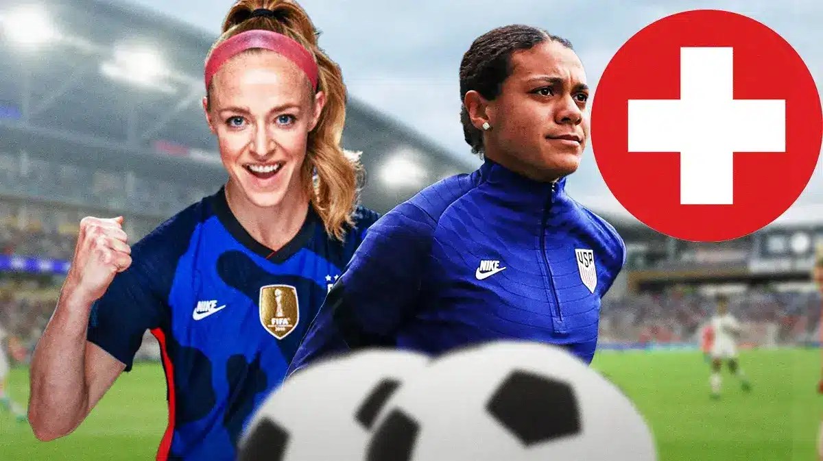 USWNT soccer players Becky Sauerbrunn and Alana Cook, with the medical symbol around Alana Cook