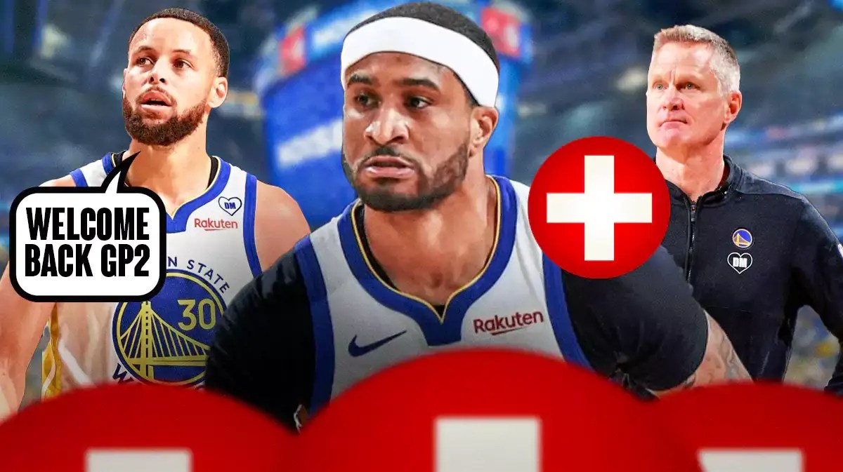 Gary Payton II with injury symbol next to Steve Kerr and Stephen Curry saying "Welcome back GP2!"