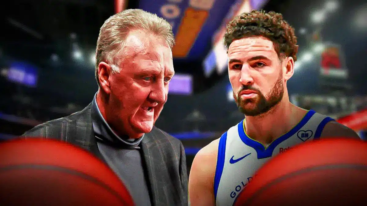 Warriors, Celtics, Klay Thompson, Larry Bird, Klay Thompson Warriors, Klay Thompson and Larry Bird with Warriors arena in the background