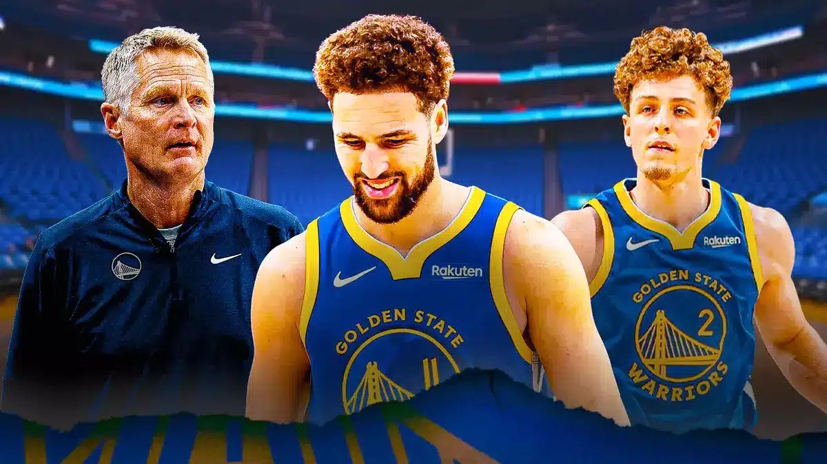 Warriors' Klay Thompson with Steve Kerr and Brandin Podziemski