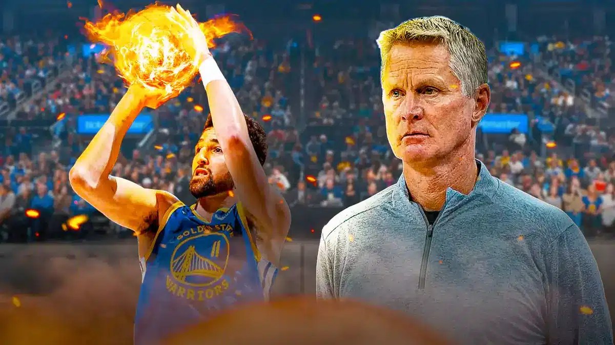Warriors great Klay Thompson with flaming basketball, head coach Steve Kerr