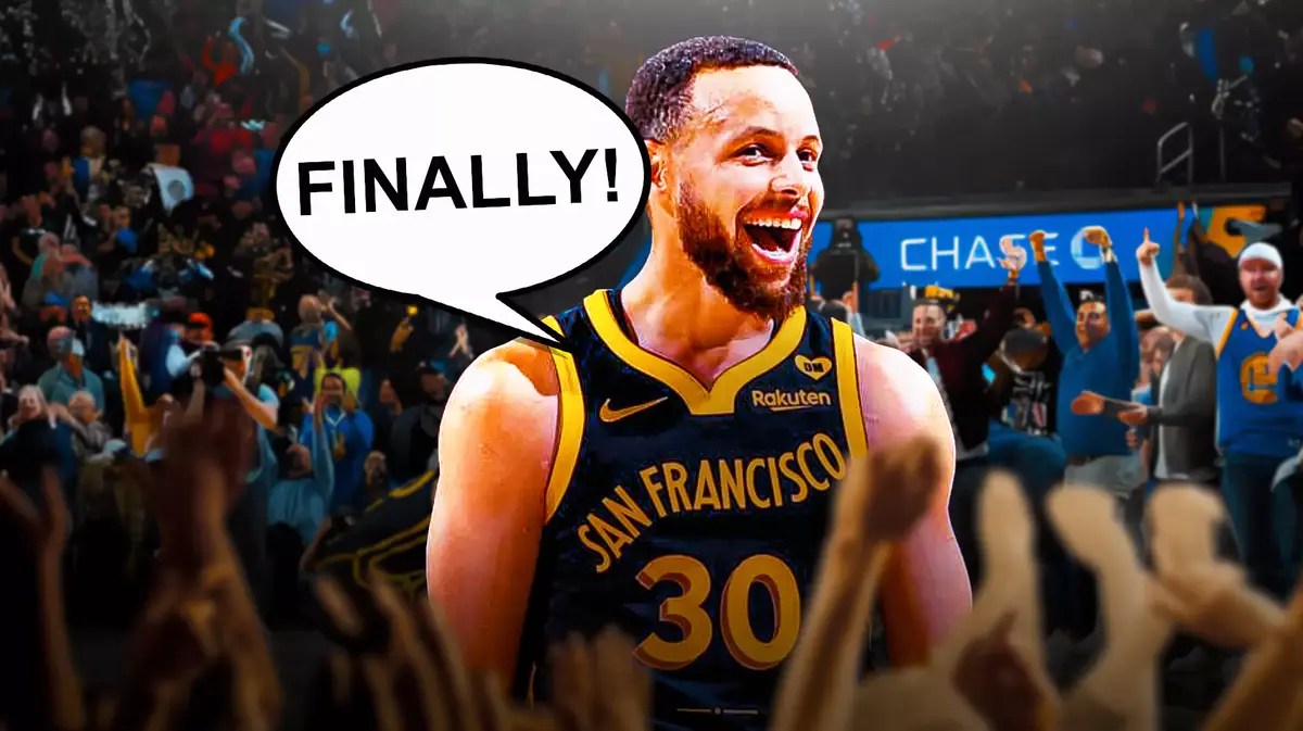 Warriors' Stephen Curry with speech balloon that says: FINALLY