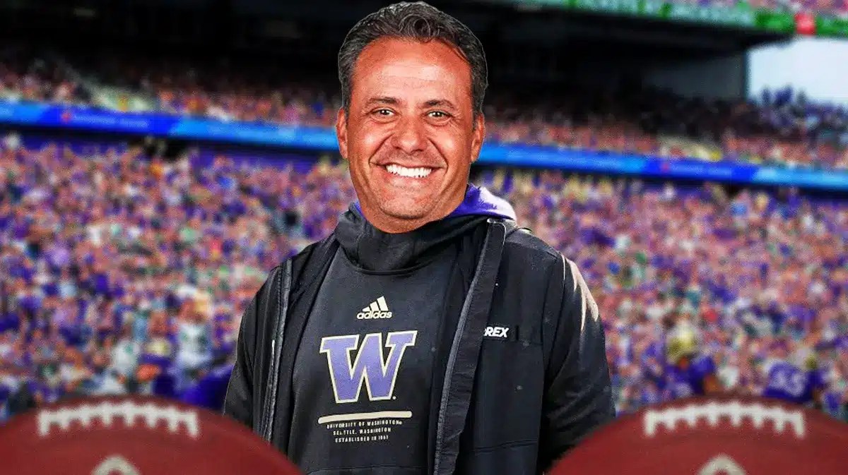 Washington football, Huskies, Jedd Fisch, Jonah Coleman, Washington transfer portal, Jedd Fisch in Washington Huskies gear with Washington Huskies football stadium in the background