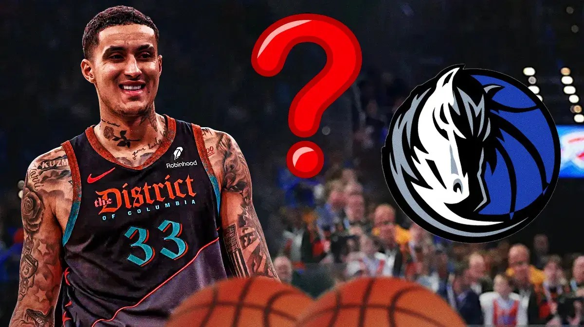 Kyle Kuzma in a Wizards jersey on left. Mavericks' logo on right. Question mark in middle.