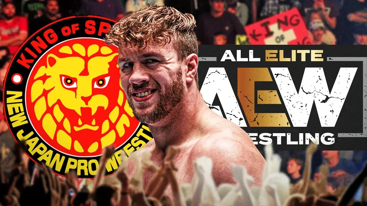 Will Ospreay in between logos for AEW and New Japan Pro-Wrestling