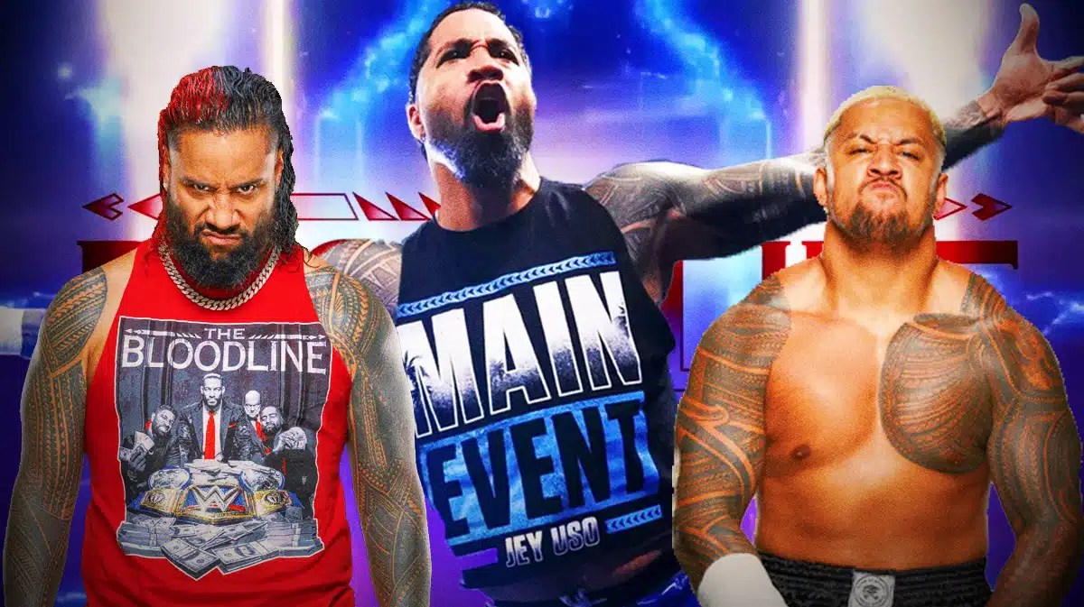 WWE 2K24 Ratings Reveal The Bloodline Jey Uso Jimmy Uso Solo Sikoa in front of The Bloodline Titantron