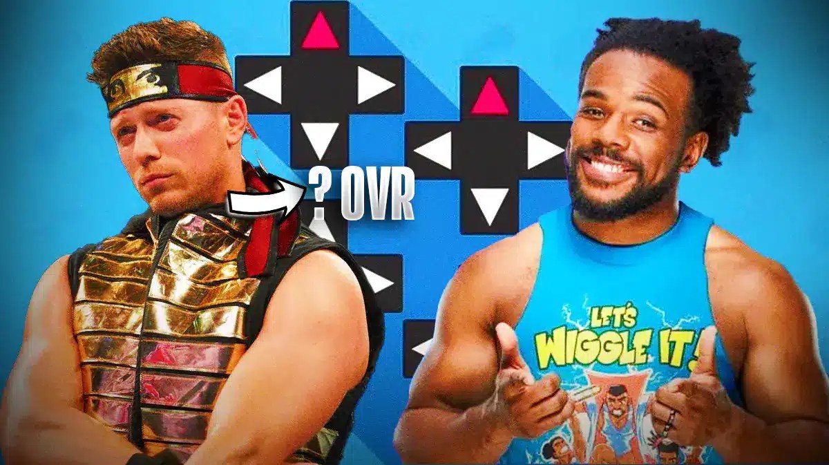 The Miz and Xavier Woods over the UpUpDownDown Logo