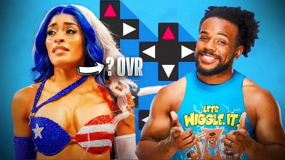 Zelina Vega and Xavier Woods over the UpUpDownDown logo