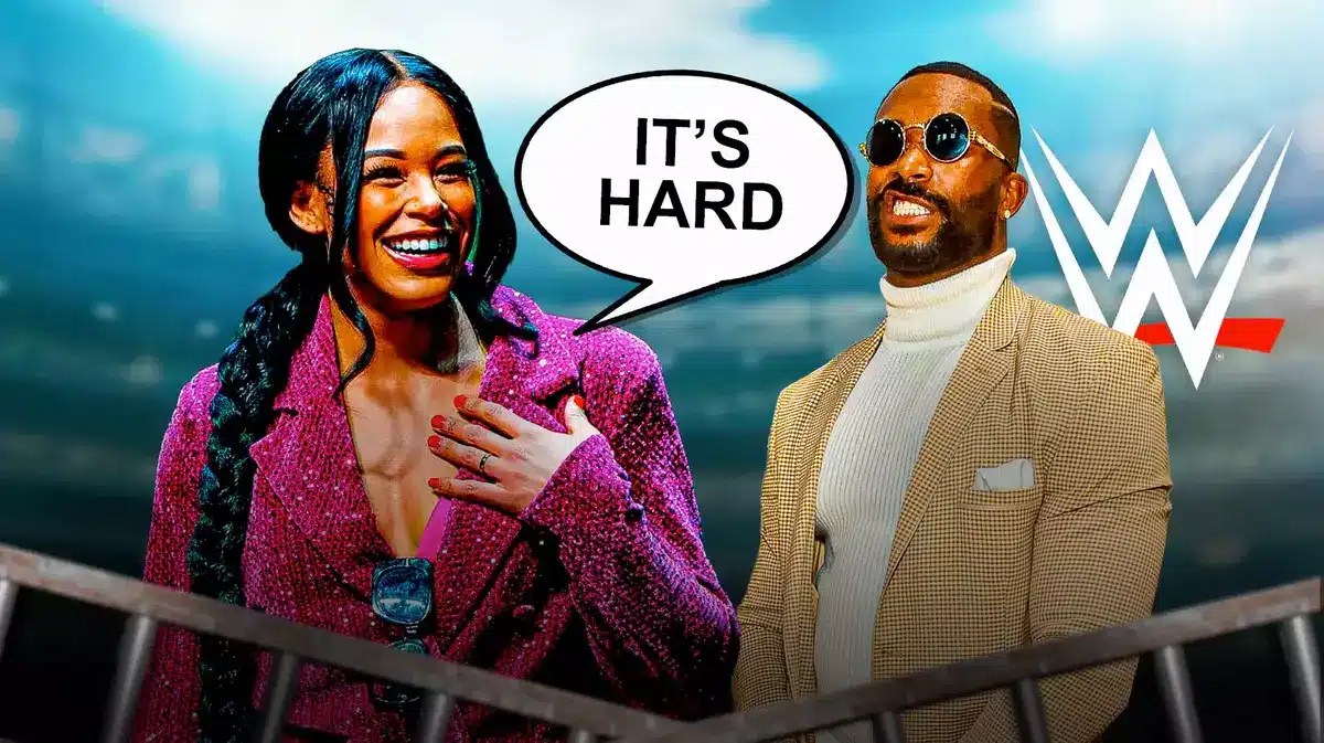 Bianca Belair with a text bubble reading “It’s hard” next to Montez Ford with the Love & WWE logo as the background.