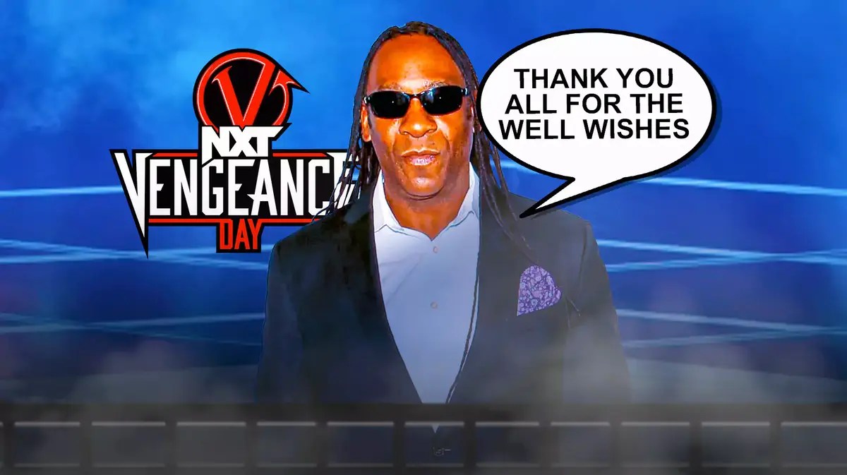 Booker T with a text bubble reading “Thank you all for the well wishes” with the NXT Vengeance Day logo as the background.