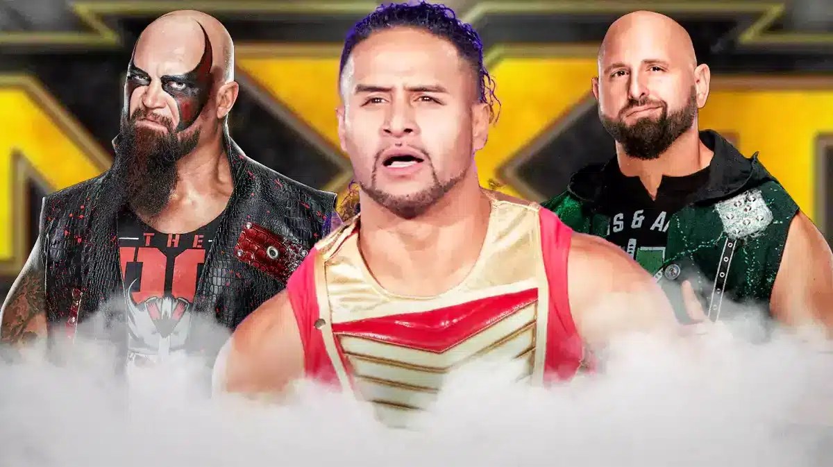 Tama Tonga with Luke Gallows on his left and Karl Anderson on his right with the NXT logo as the background.