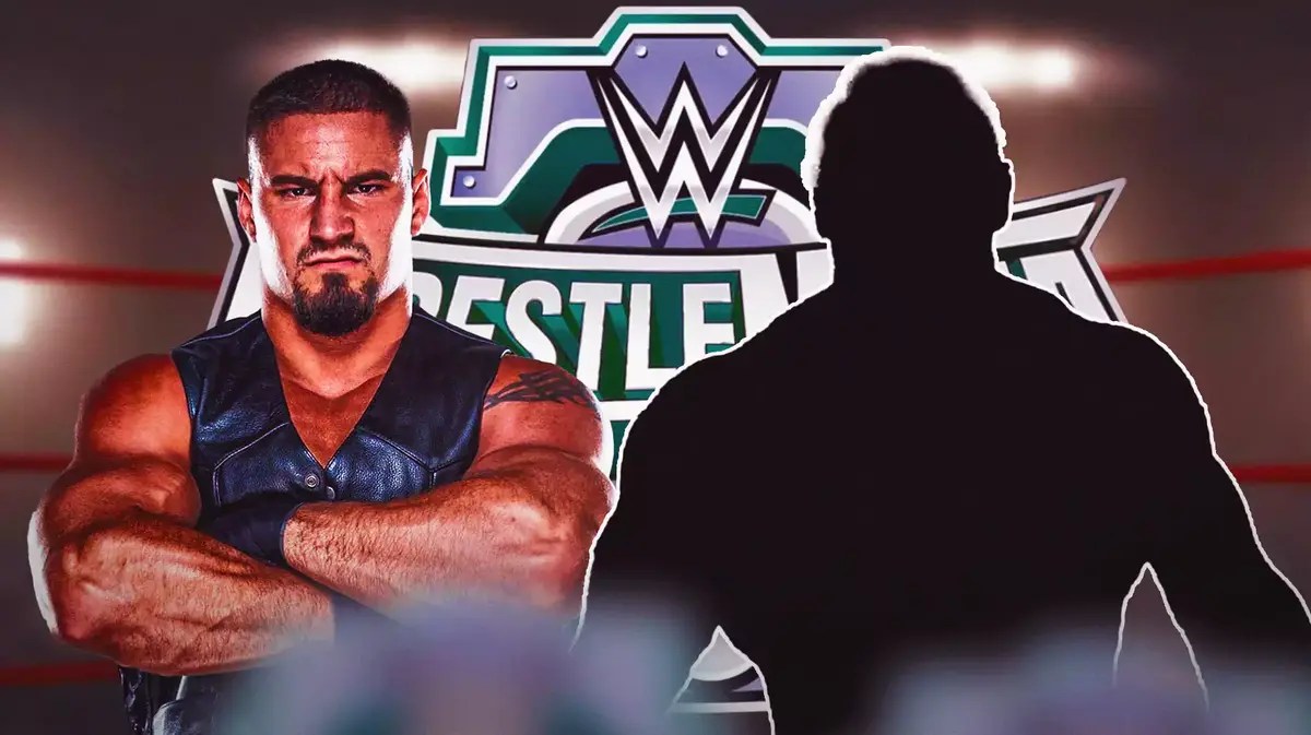 Bron Breakker opposite the blacked-out silhouette of Brock Lesnar with the WrestleMania 40 logo as the background.