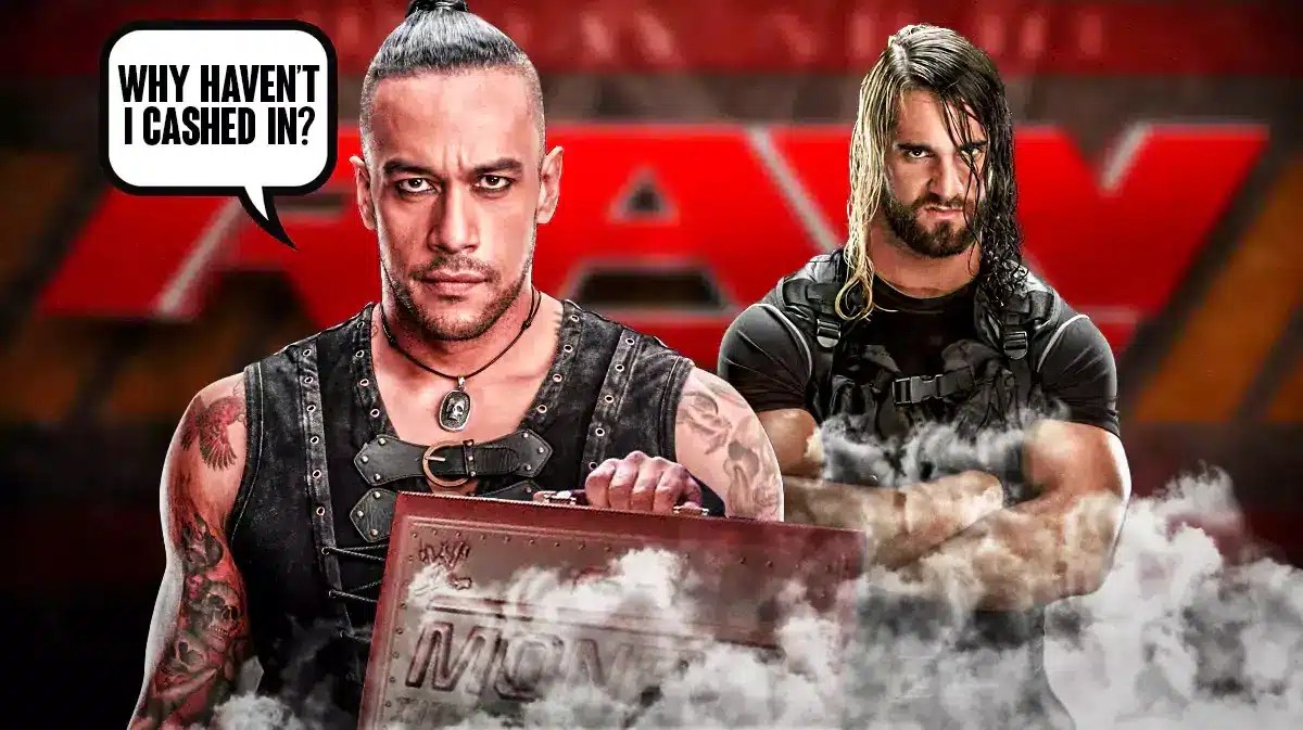 Damian Priest holding his purple Money in the Bank briefcase with a text bubble reading “Why haven’t I cashed in?” next to Seth Rollins with the RAW logo as the background.