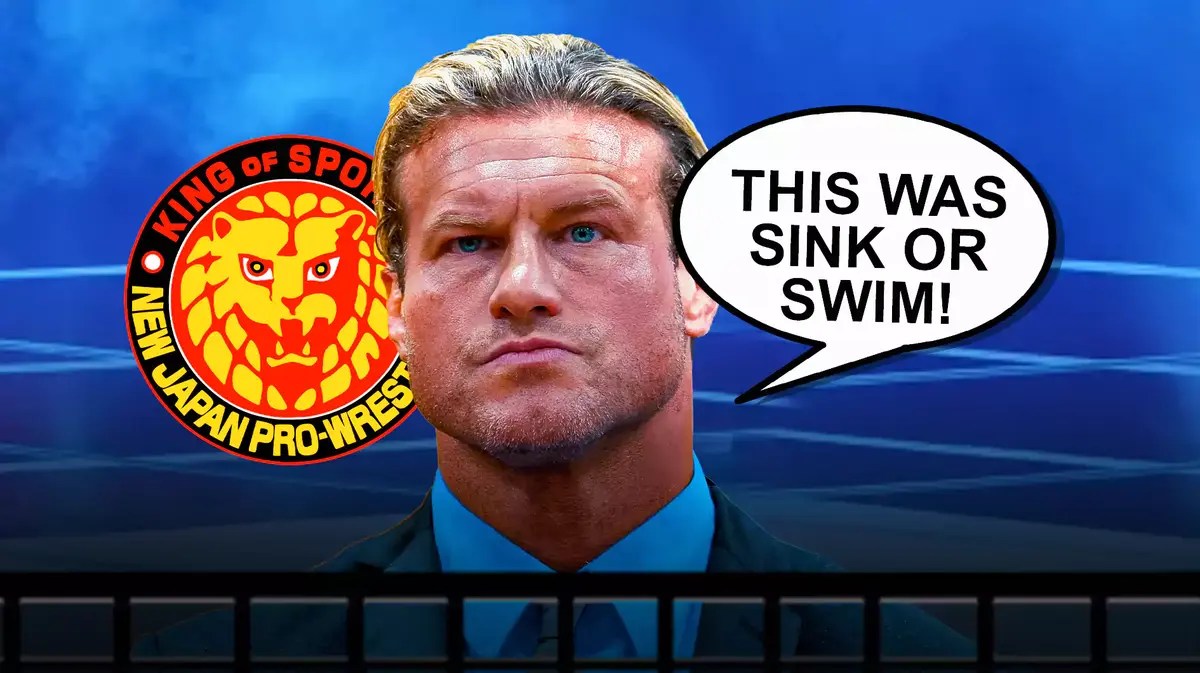 Nic Nemeth with a text bubble reading “This was sink or swim!” with the New Japan Pro wrestling logo as the background.