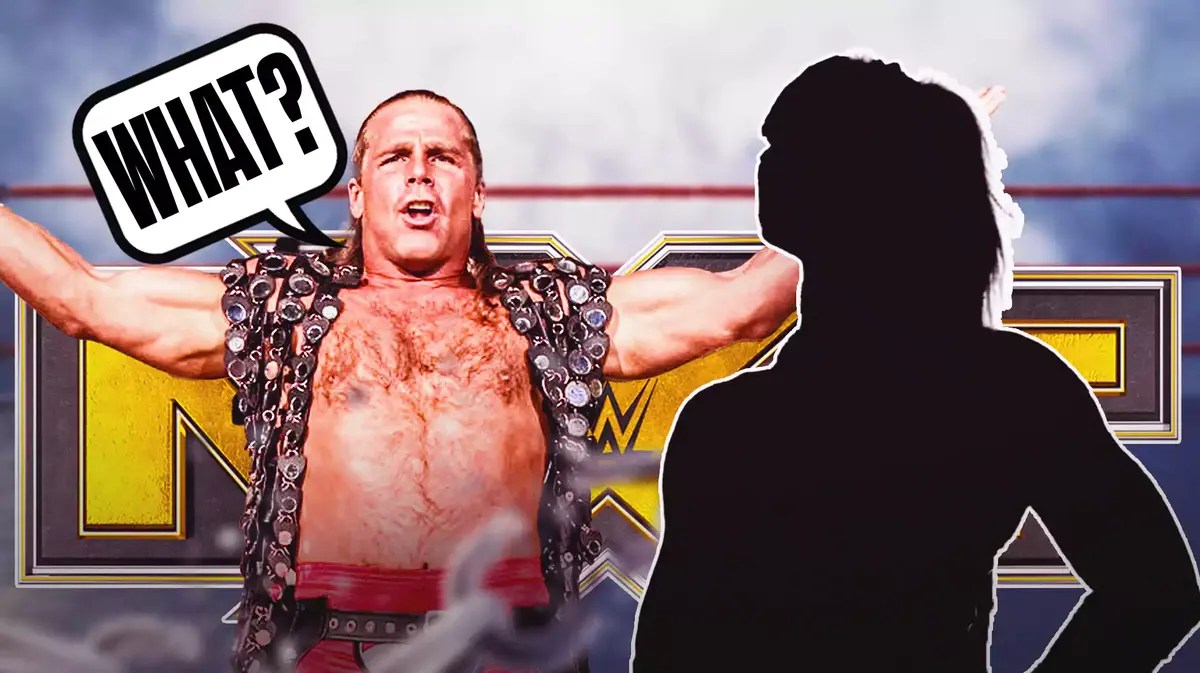 Shawn Michaels with a text bubble reading “What?” next to the blacked-out silhouette of NWA’s Kamille with the NXT logo as the background.