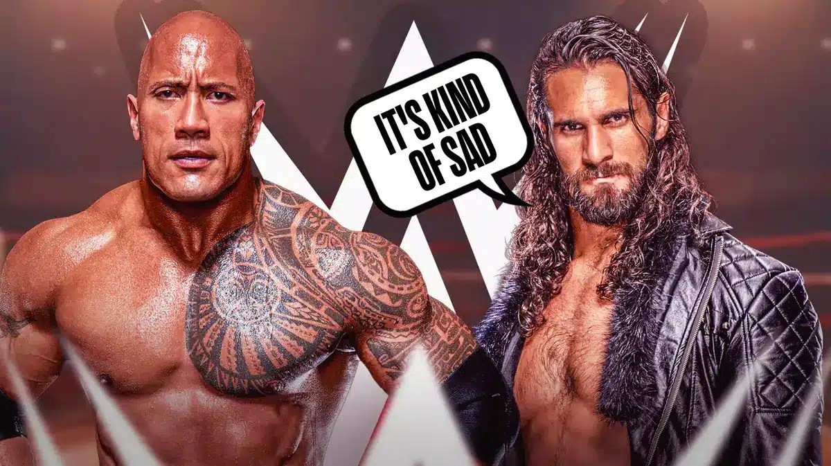 Seth Rollins with a text bubble reading “It's kind of sad” next to The Rock with the WWE logo as the background.
