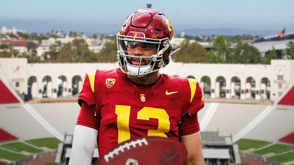 Caleb Williams, USC football, Bears, Commanders, Caleb Williams NFL Draft, Caleb Wiliams with USC football stadium in the background