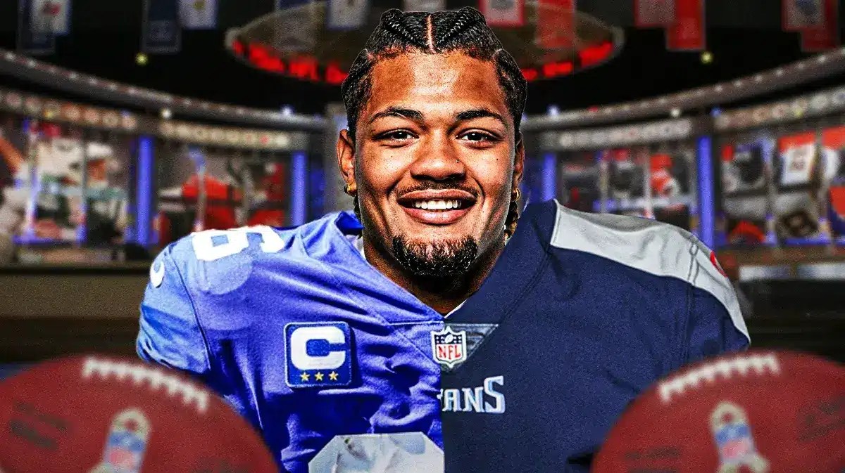 Rome Odunze with half a NY Giants jersey and half a Tennessee Titans jersey with NFL draft background.