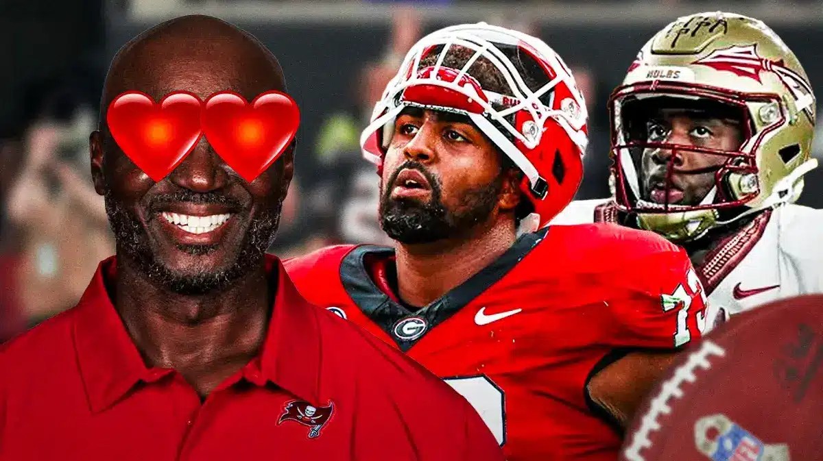 Buccaneers coach Todd Bowles with heart emoji eyes looking at NFL draft prospects Sedrick Van Pran-Granger (Georgia) and Trey Benson (Florida State)