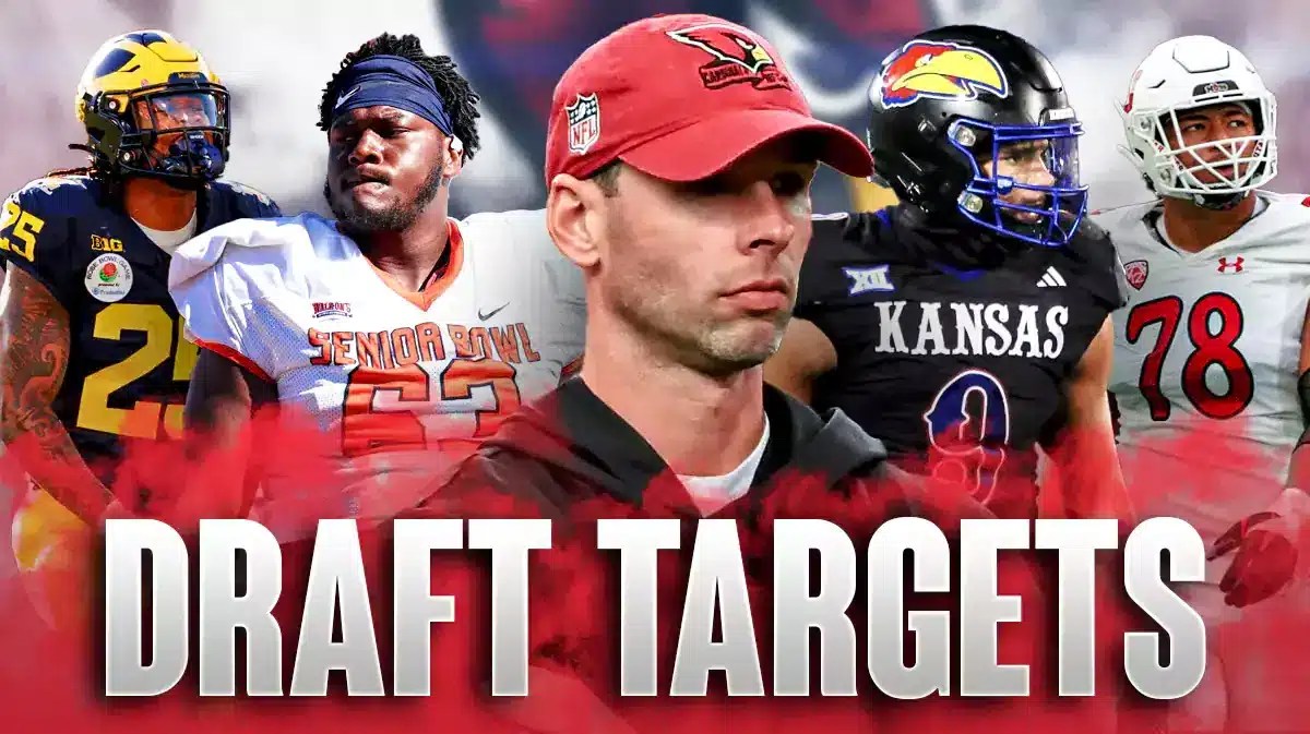 Coach Jonathan Gannon in the middle, Christian Haynes, Junior Colson, Austin Booker, Sataoa Laumea around him, and Arizona Cardinals wallpaper in the background.