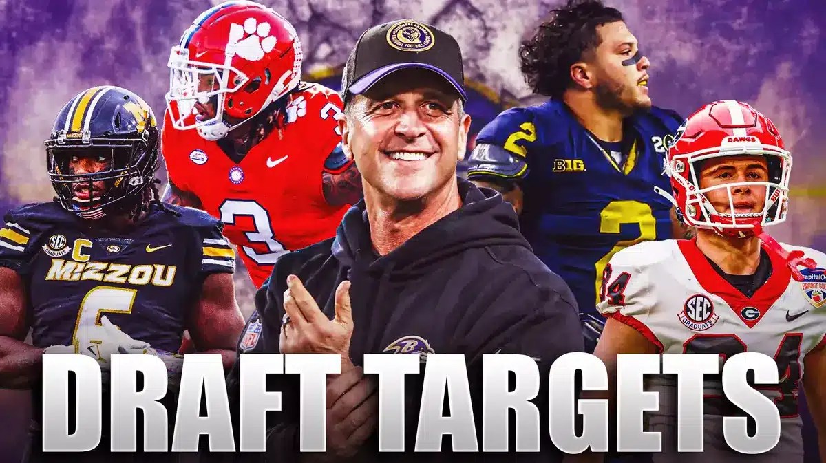 Coach John Harbaugh in the middle, Blake Corum, Ladd McConkey, Darius Robinson, Xavier Thomas around him, and Baltimore Ravens wallpaper in the background.