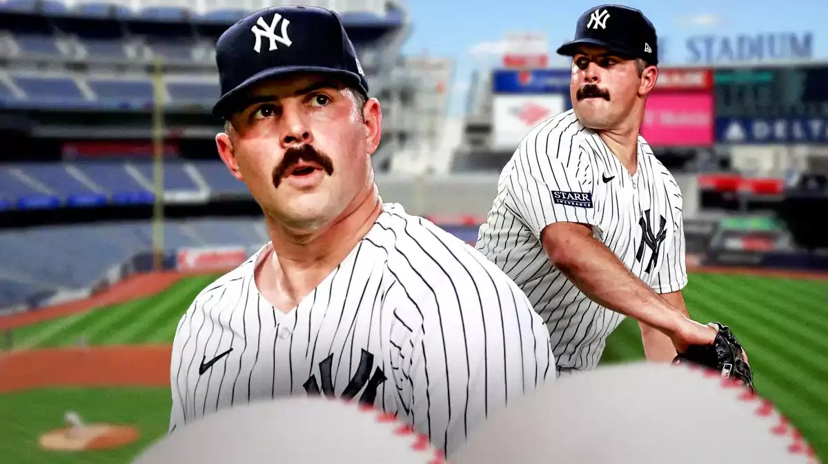 New York Yankees star Carlos Rodon in front of Yankee Stadium.