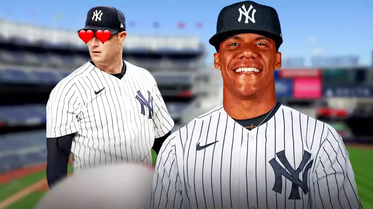 Gerrit Cole with heart eyes looking at Juan Soto in a Yankees uniform