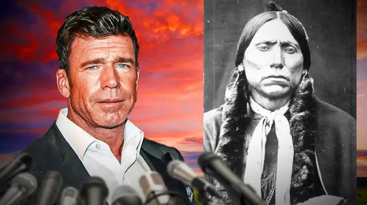 Split screen of Yellowstone creator Taylor Sheridan and former Comanche chief Quanah Parker