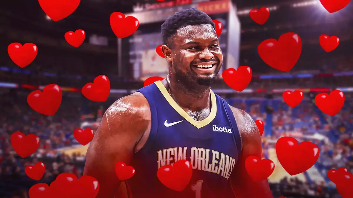 Pelicans' Zion Williamson with hearts all around the image.