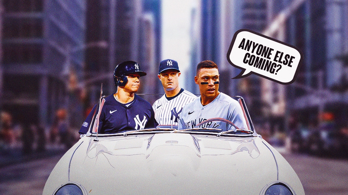 Yankees' Aaron Judge, Yankees' Juan Soto, Yankees' Gerrit Cole all sitting inside of a car, and have Judge driving. Have Judge saying the following: Anyone else coming?