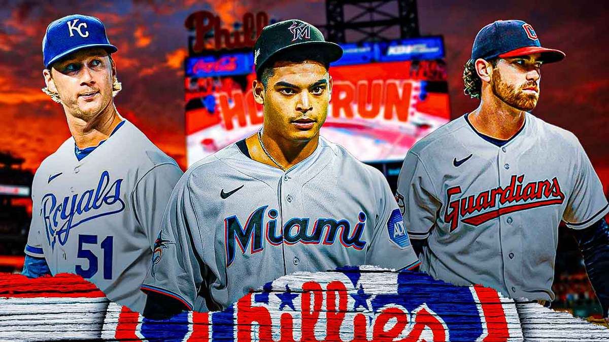 Marlins' Jesus Luzardo, Guardians' Shane Bieber, and Royals' Brady Singer all in image. Phillies' logo.