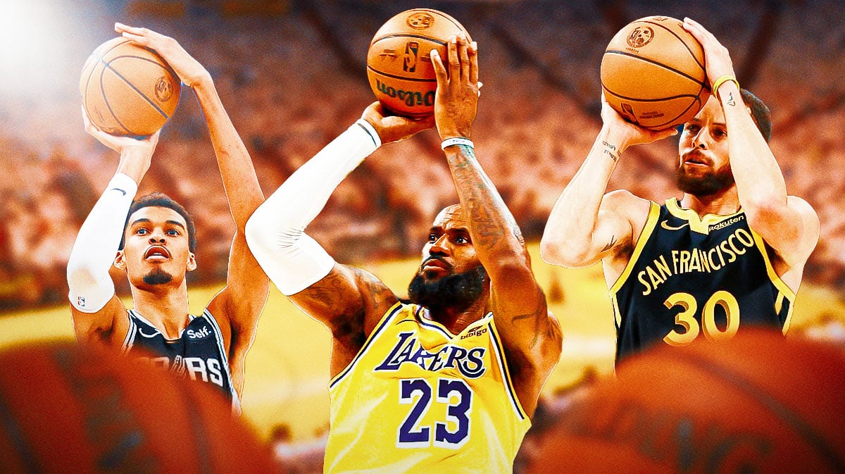 Victor Wembanyama, LeBron James and Stephen Curry shooting jump shots.