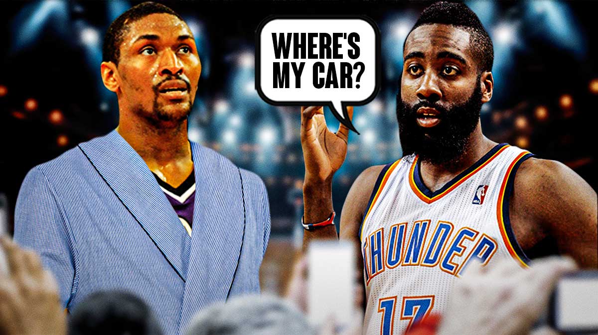 Metta World Peace in a bathrobe and James Harden asking "Where's my car?"