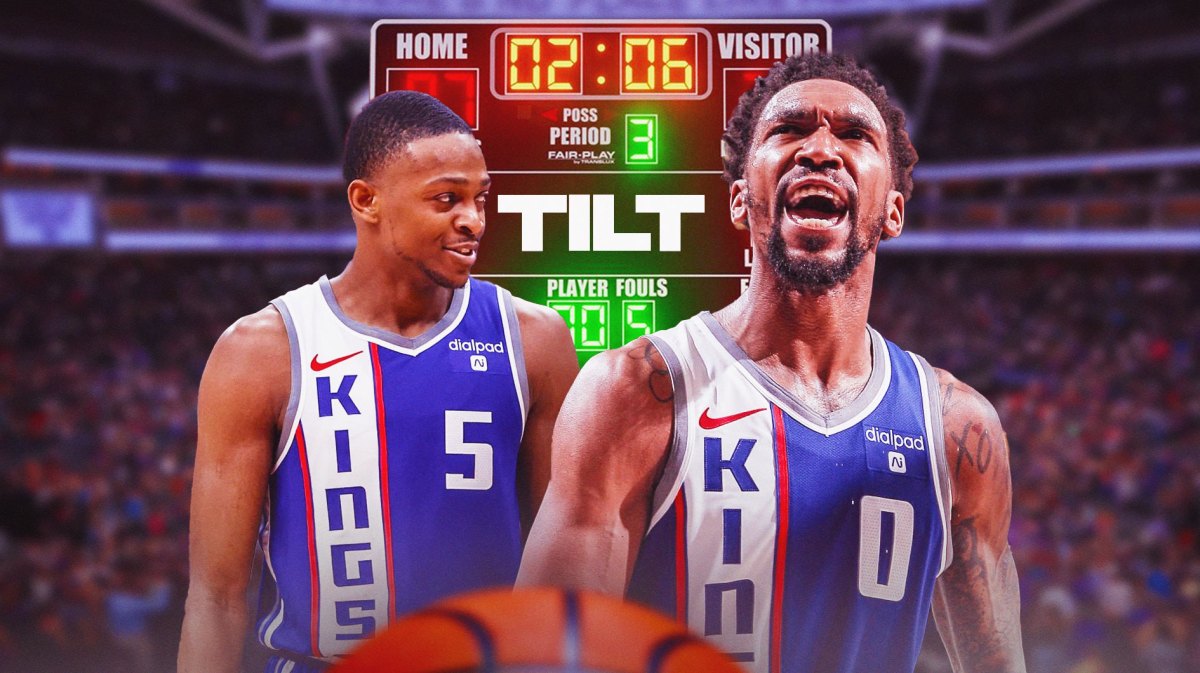 De'Aaron Fox and Malik Monk of the Sacramento Kings with a scoreboard behind them reading "TILT."