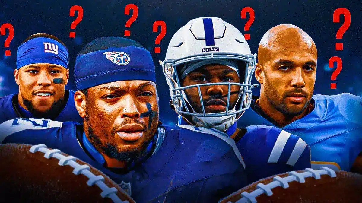 Derrick Henry, Saquon Barkley, Austin Ekeler, Zack Moss all together with question marks all around them.