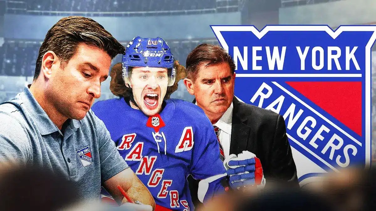 Chris Drury in street clothes, Artemi Panarin, Peter Laviolette. New York Rangers logo
