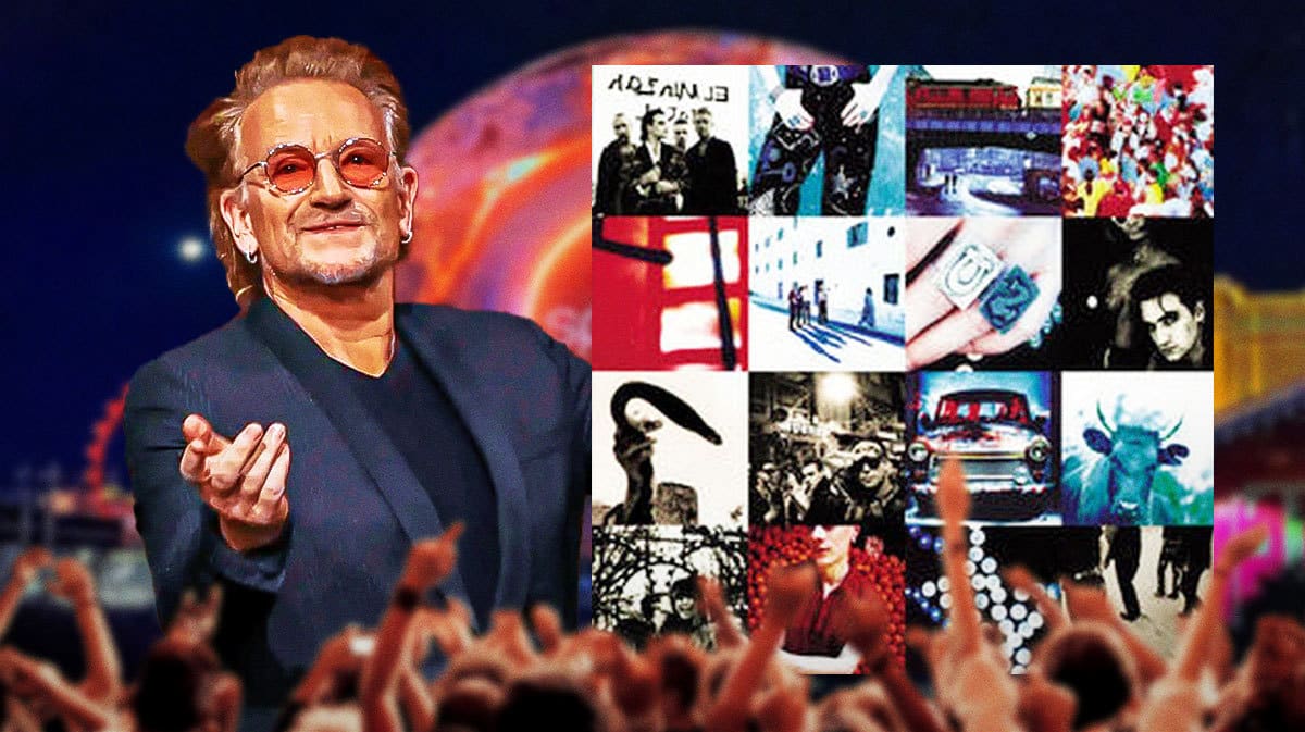 Bono with U2 Achtung Baby album cover in front of Sphere.