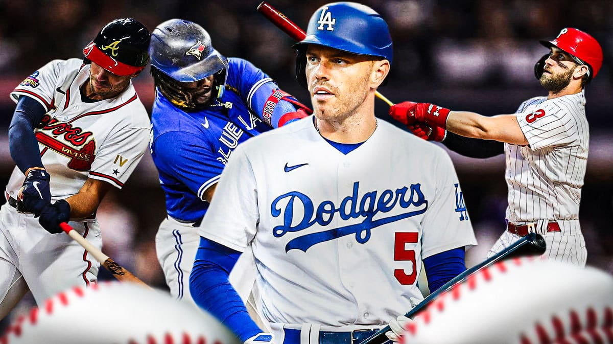 Dodgers' Freddie Freeman in front looking serious. Braves' Matt Olson, Blue Jays' Vladimir Guerrero Jr., and Phillies' Bryce Harper all swinging bats in background.