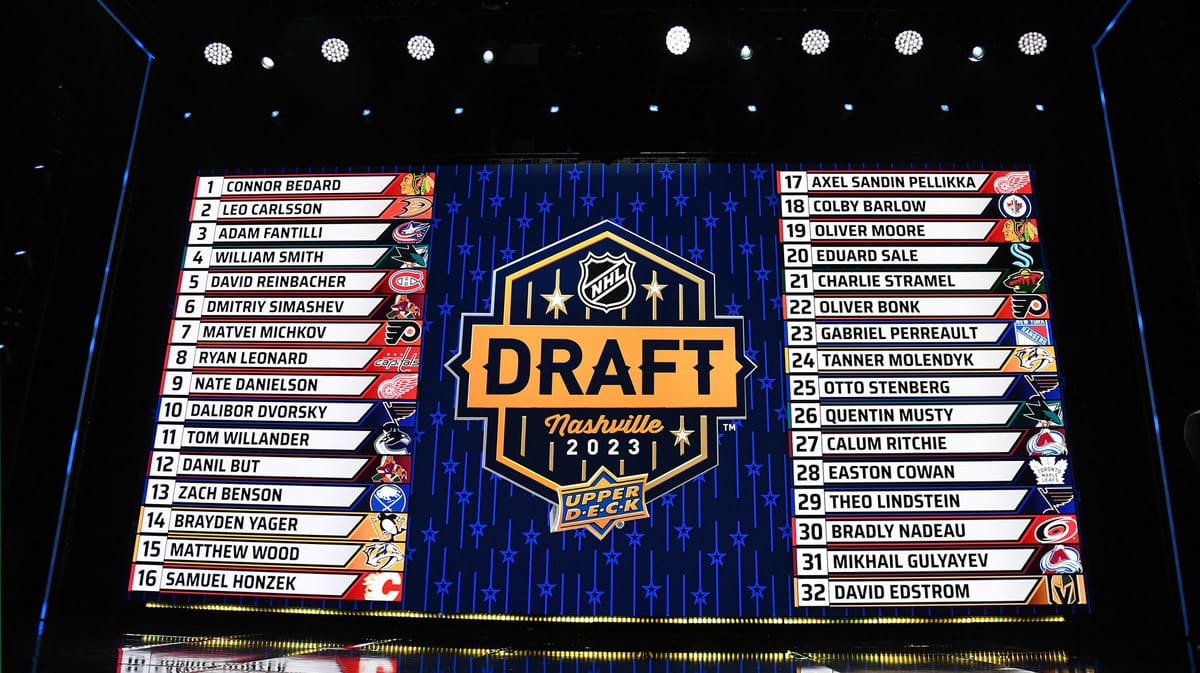 The draft board after round one of the 2023 NHL Draft at Bridgestone Arena.
