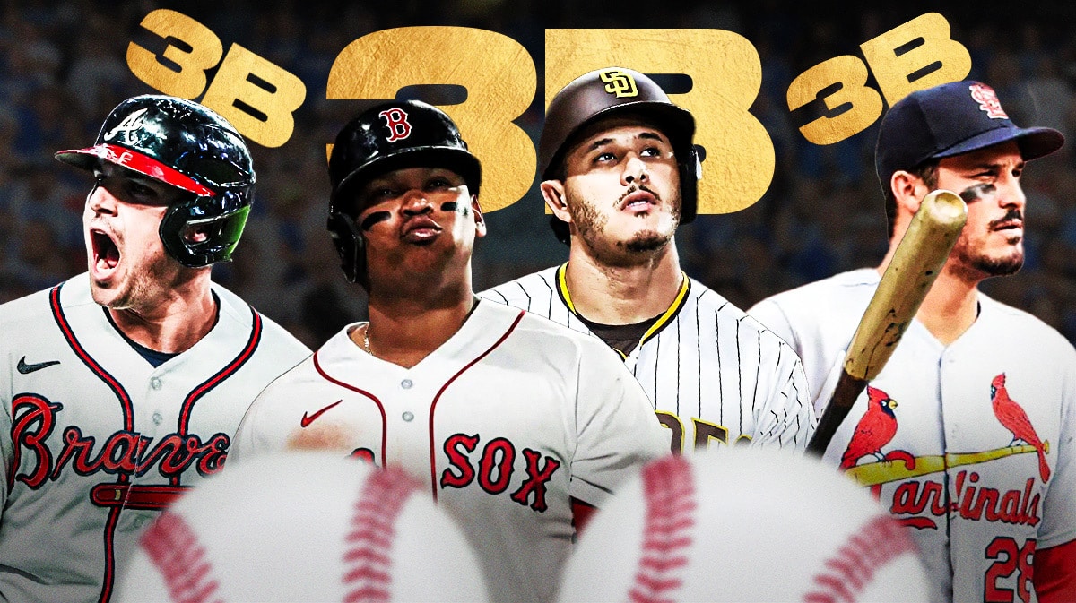 MLB third base positional rankings players Austin Riley, Rafael Devers, Manny Machado, and Nolan Arenado all in action (fielding, not batting) around “3B” in gold font