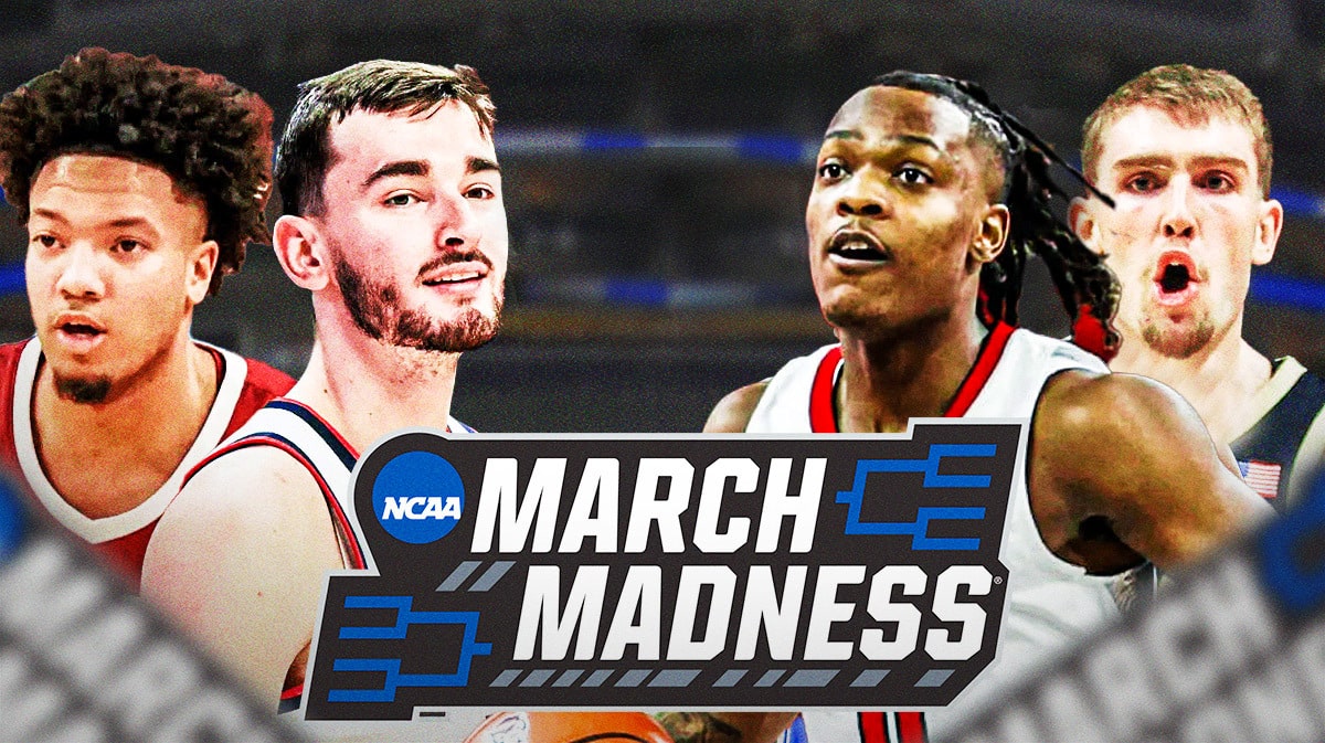 NCAA Tournament Elite Eight picks, with Alabama's Mark Sears, UConn's Alex Karaban, NC State's DJ Horne, and Purdue's Braden Smith