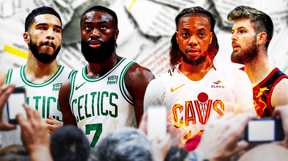 A newspaper as the background, Jayson Tatum and Jaylen Brown on one side, Darius Garland and Dean Wade on the other side on fire. Celtics upset loss